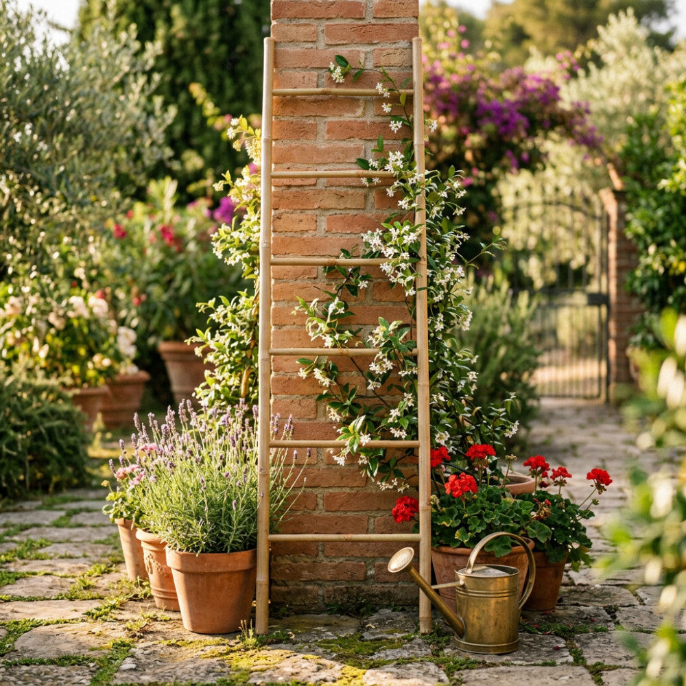 Libreria a scala in legno marrone Mary 6 utilizzata in giardino come supporto per piante rampicanti e fiori.