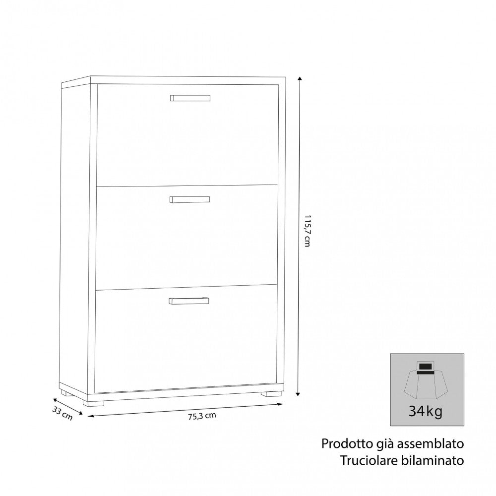 Disegno tecnico della scarpiera con dimensioni dettagliate: 75,3 cm di larghezza, 33 cm di profondità e 115,7 cm di altezza.