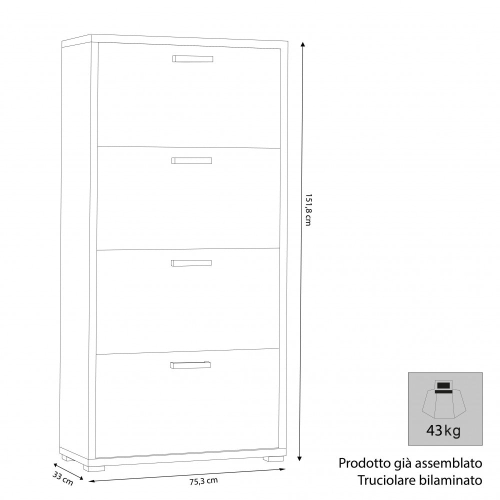 Disegno tecnico della scarpiera con dimensioni 75,3x33x151,8 cm e peso 43 kg.
