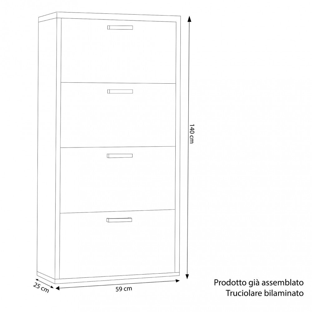 Disegno tecnico della scarpiera Molly con quote dimensionali: 59 cm di larghezza, 25 cm di profondità e 140 cm di altezza.