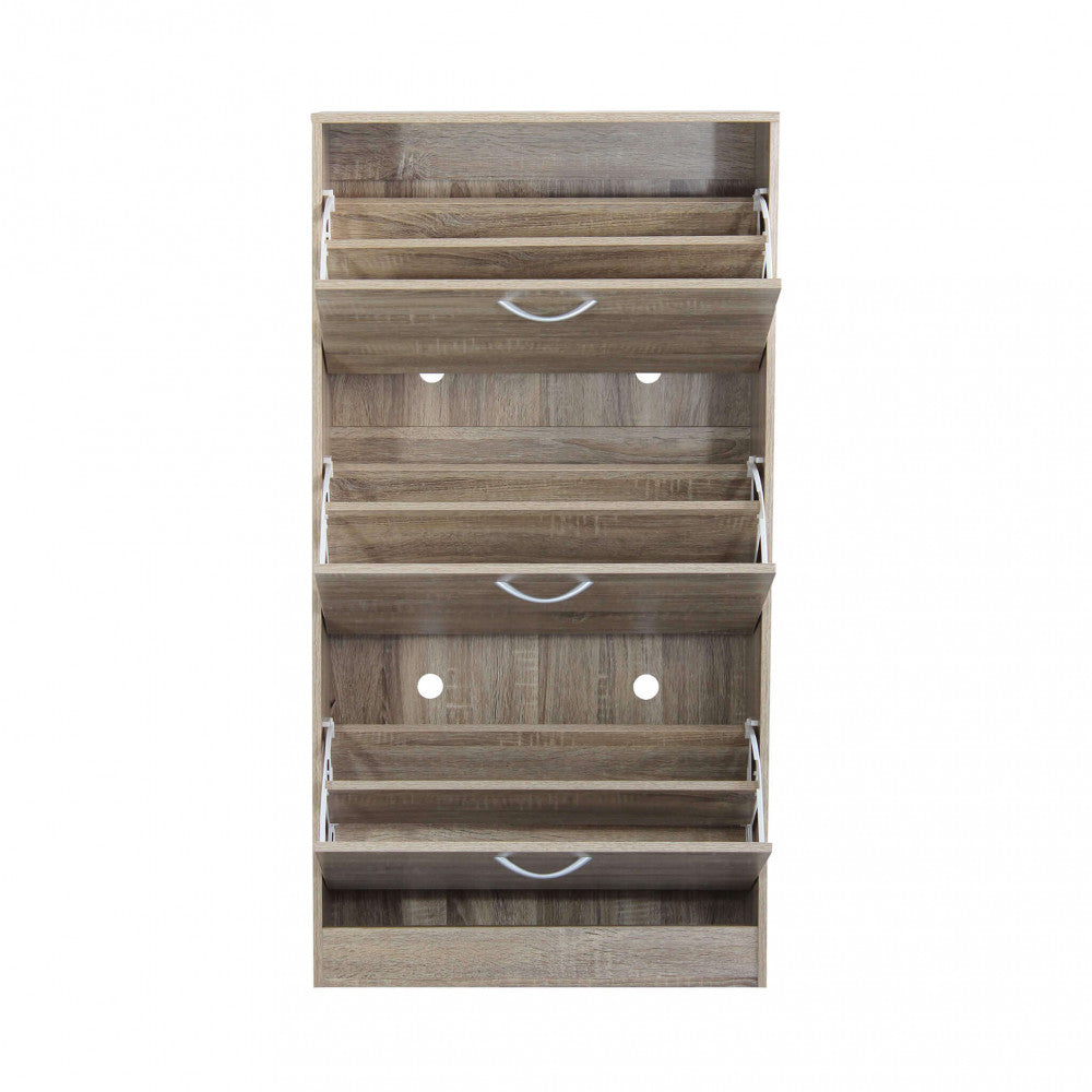 Vista frontale della scarpiera con i tre scomparti aperti, illustrando la capacità contenitiva.