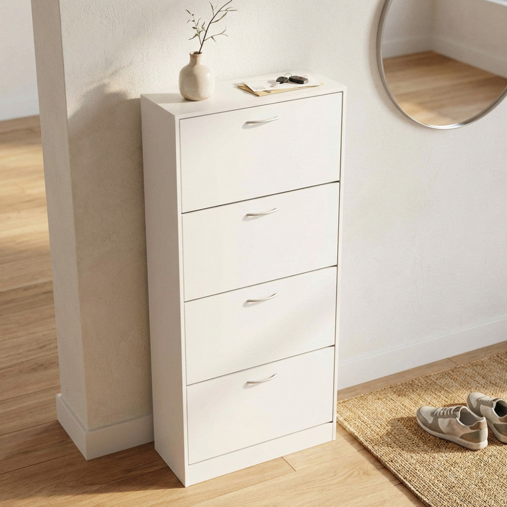 Vista angolare della scarpiera Wendy bianca, che mostra il profilo sottile e il design minimalista.