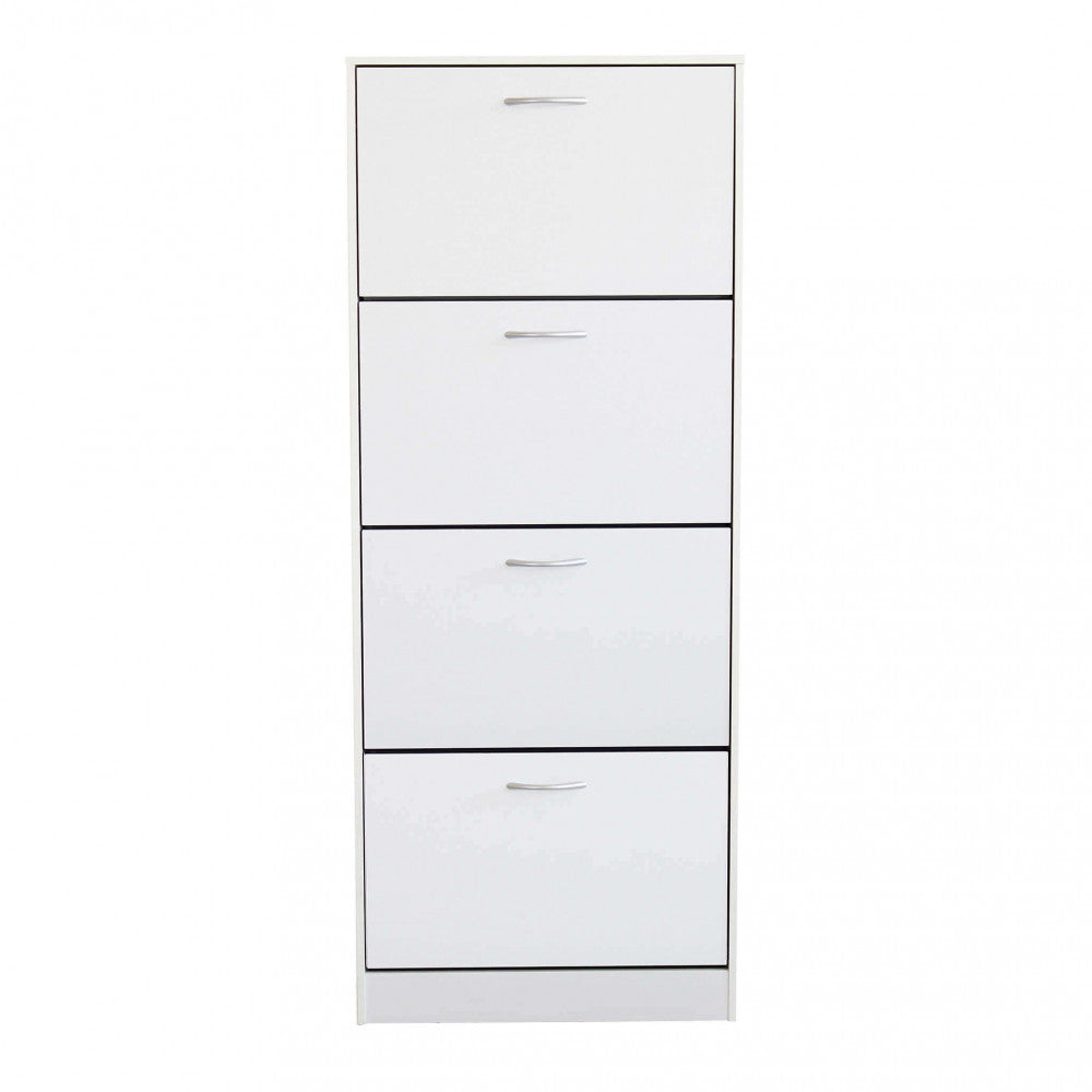 Vista frontale della scarpiera Wendy in legno bianco con cassetti chiusi e maniglie metalliche.