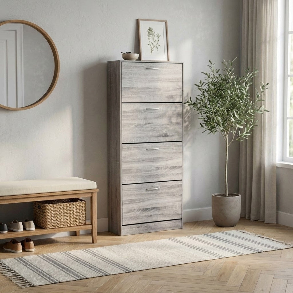 Scarpiera Wendy ambientata in un ingresso elegante con panca imbottita, tappeto neutro e pianta decorativa.