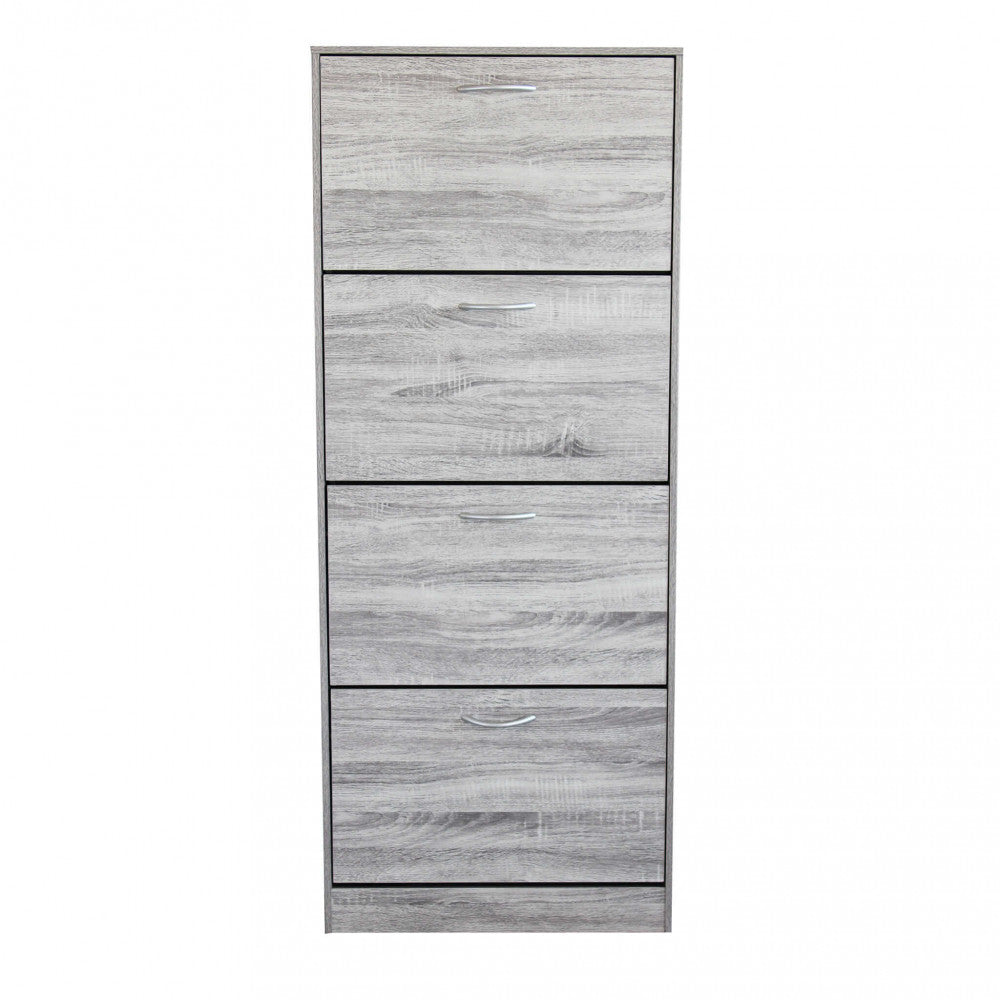 Vista frontale della scarpiera Wendy in legno grigio chiaro con scomparti chiusi su sfondo bianco.