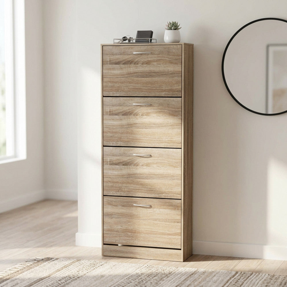 Scarpiera Wendy Naturale in legno marrone, vista frontale in un ingresso luminoso con specchio rotondo.
