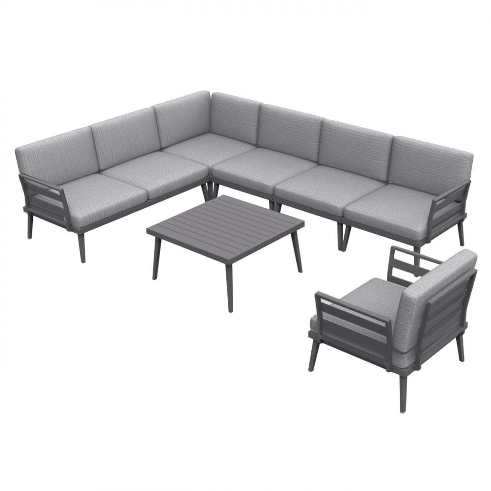 Rendering 3D del salotto modulare completo con divano angolare, poltrona e tavolino.