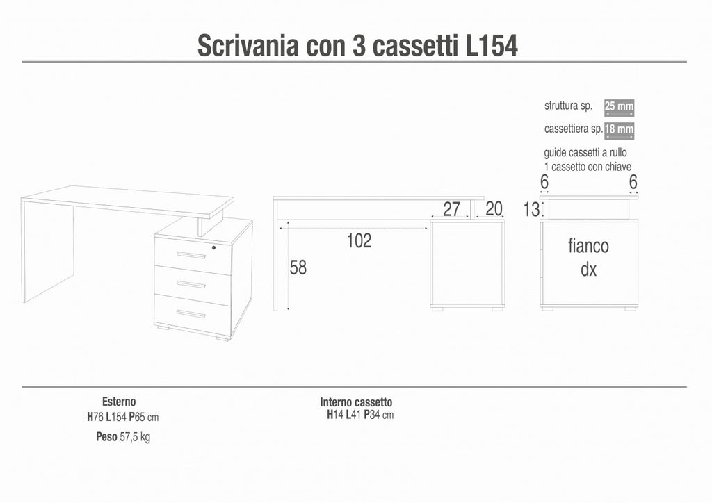 Scrivania 3 Cassetti a Destra in Kit Noce Stelvio e Ossido Nero - MG808803 - foto 7
