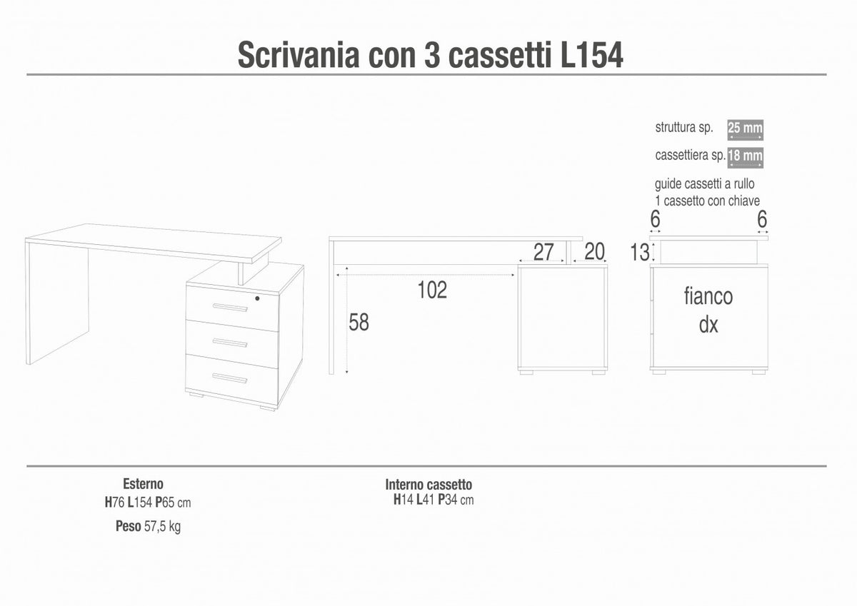 Scrivania 3 Cassetti a Destra in Kit Noce Stelvio e Ossido Nero - MG808803 - foto 7