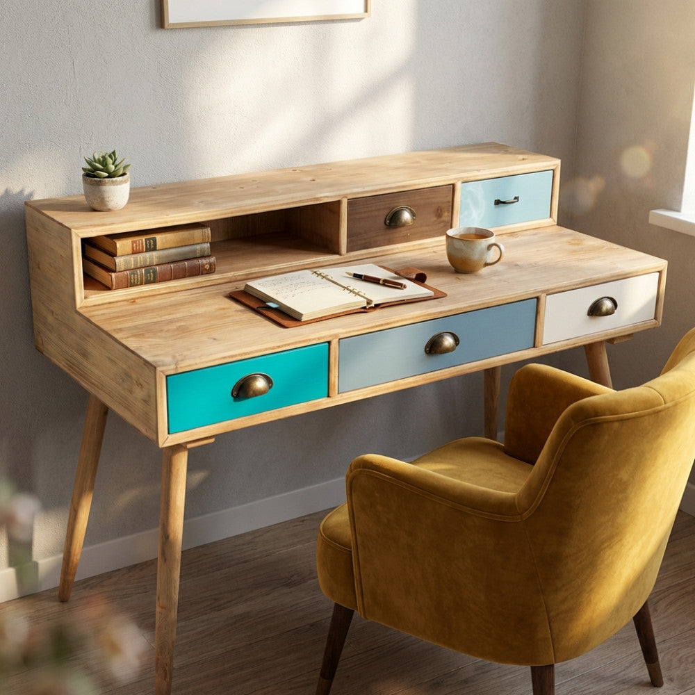 Scrittoio moderno in legno con sedia in velluto senape e tazza di caffè fumante sul piano di lavoro.
