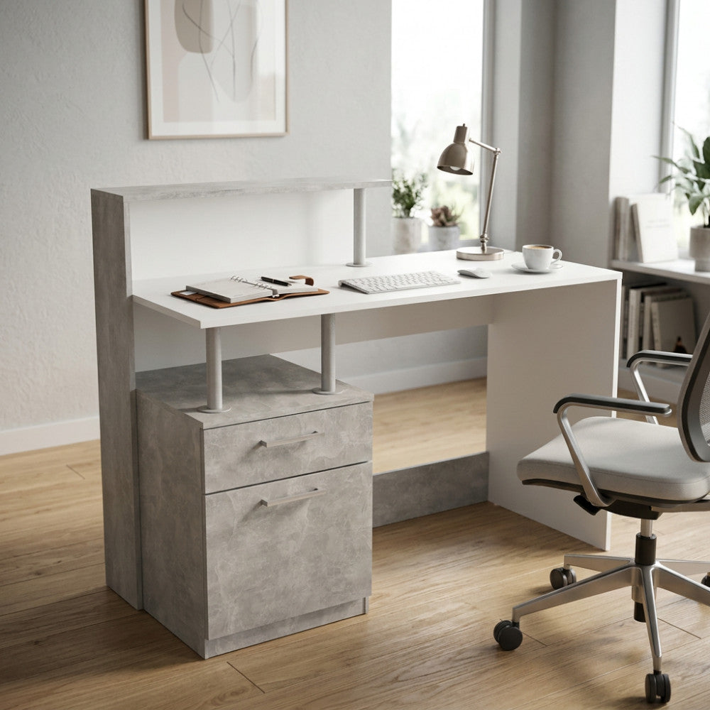 Scrivania Nasdaq effetto cemento bianco e grigio inserita in un luminoso studio domestico.