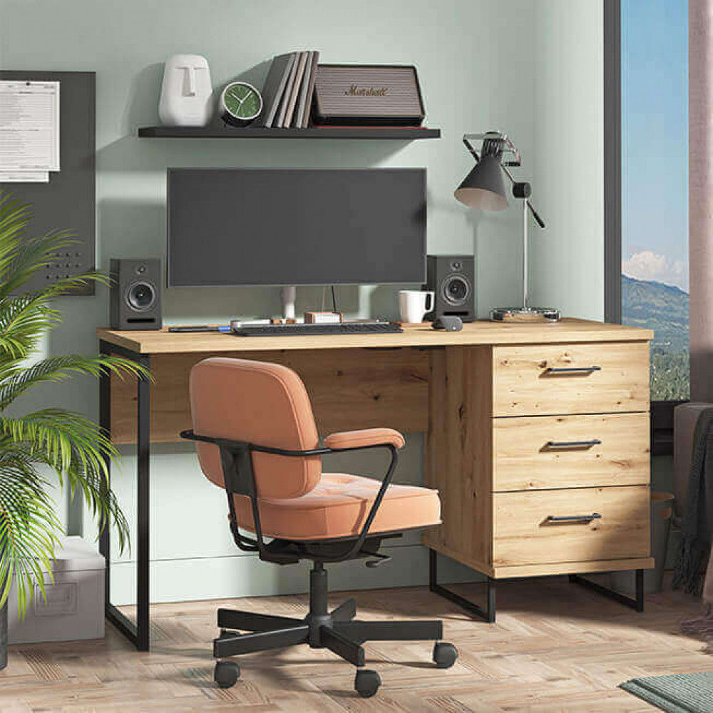 Scrivania Computer Desk Sardinia Rovere Artigiano, ideale per ufficio o studio domestico Vista Panoramica | Albert Stock