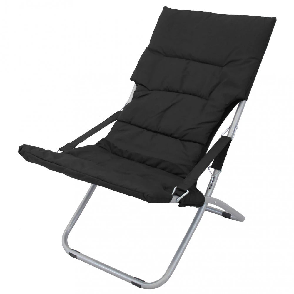 Sdraio Canapone pieghevole e reclinabile nera, struttura in acciaio e telo Oxford, vista laterale