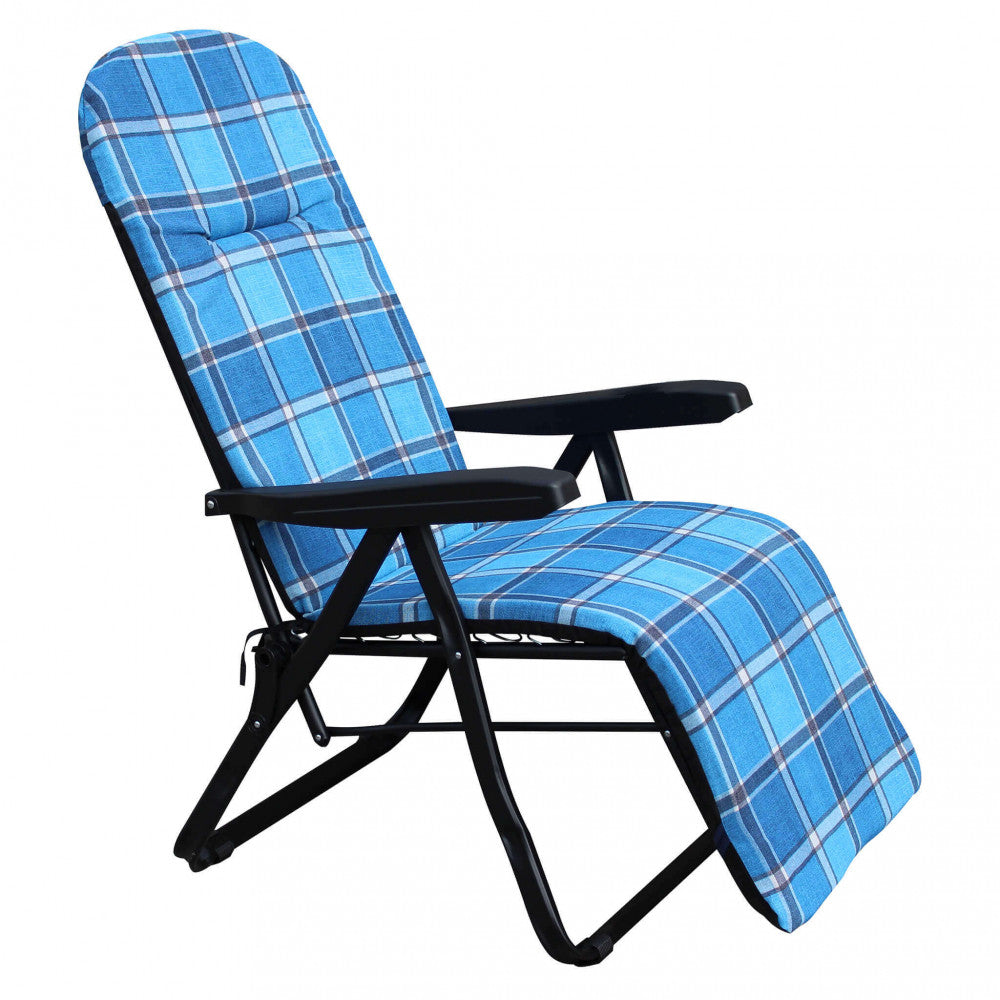 Prospettiva a tre quarti della poltrona relax automatica con telaio in acciaio nero.