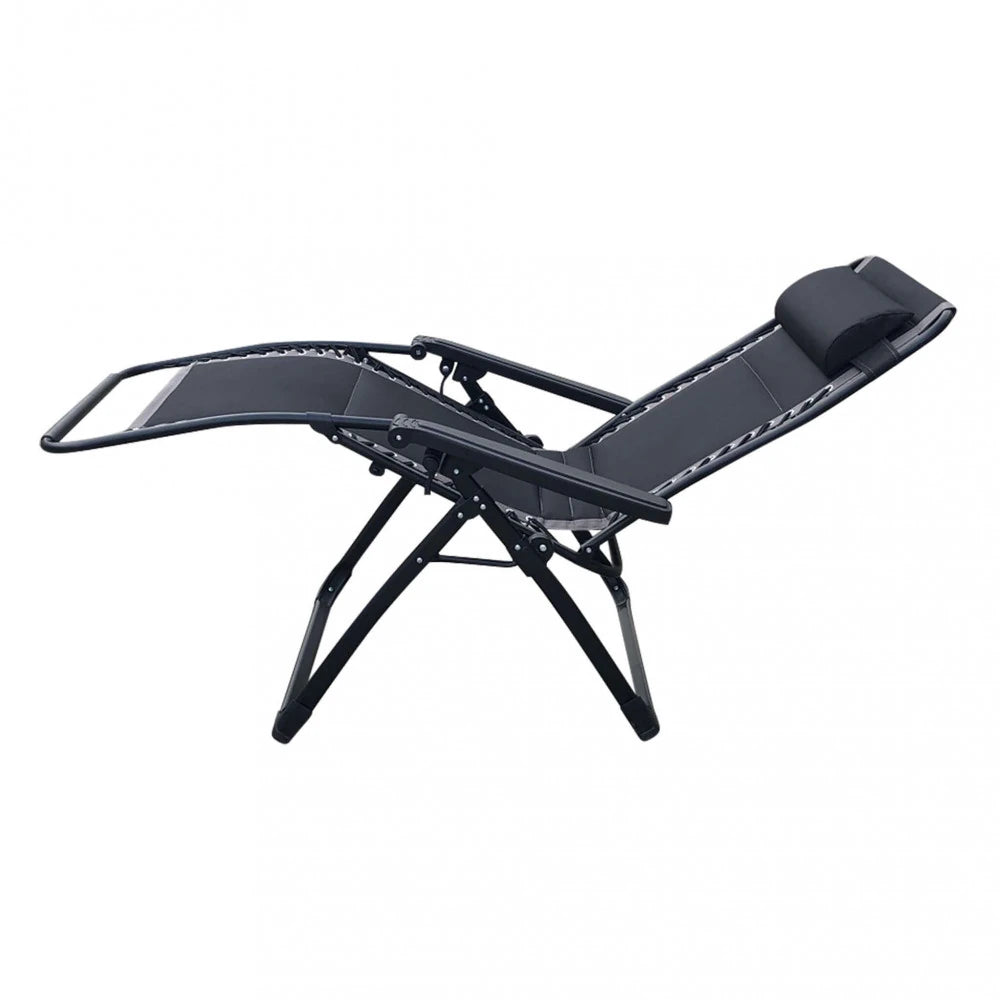 Sdraio Comfort XXL pieghevole, tessuto Oxford nero e struttura in metallo nero, panoramica sdraio stesa