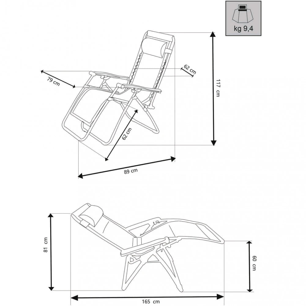 Sdraio Comfort XXL pieghevole, tessuto Oxford tortora e struttura in metallo antracite, misure e schema