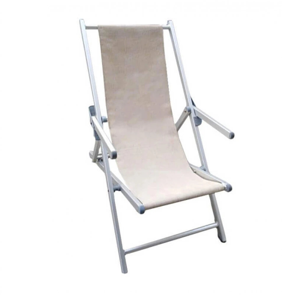 Sdraio mare pieghevole Beige con braccioli, struttura in acciaio e seduta in textilene, ideale per spiaggia.