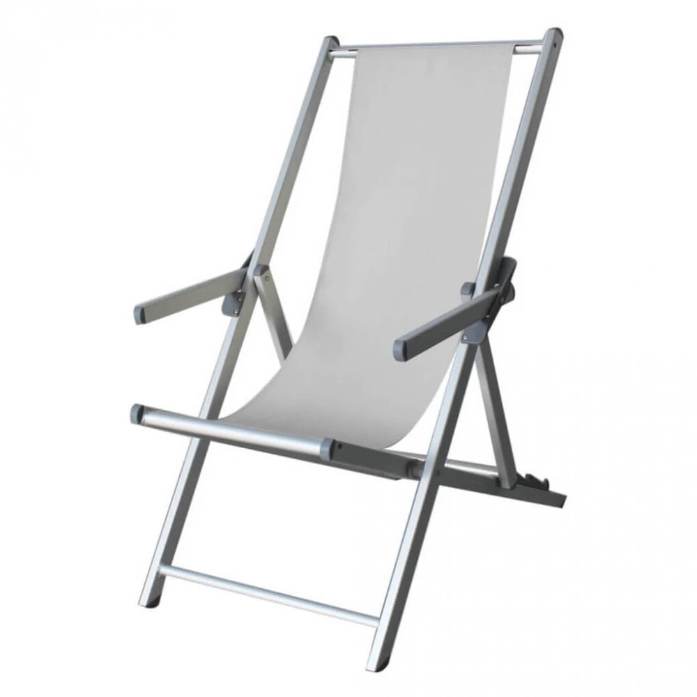 Sdraio mare pieghevole Bianca con braccioli, struttura in acciaio e seduta in textilene, ideale per spiaggia e piscina, vista laterale