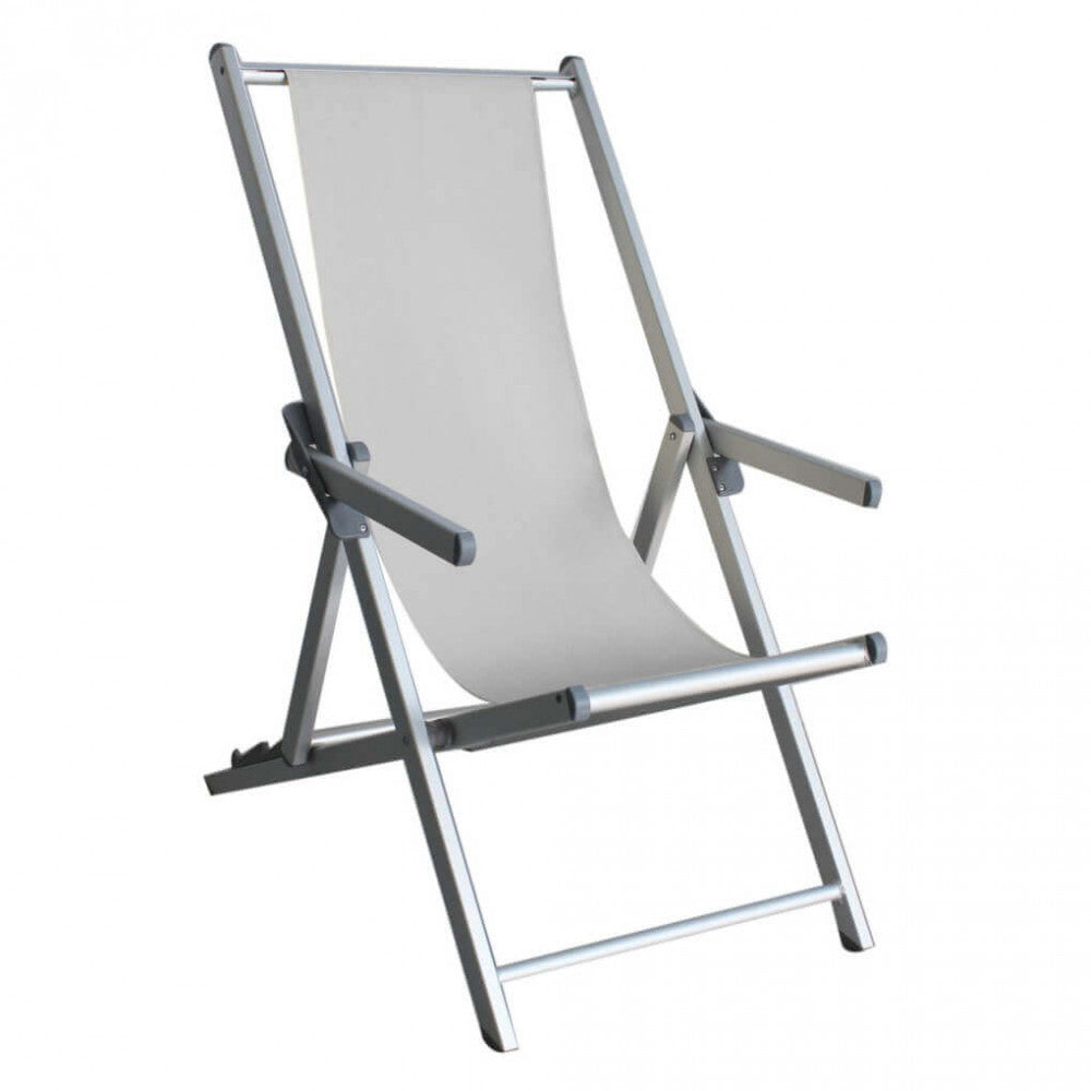 Vista frontale e laterale della sdraio pieghevole in textilene bianco su sfondo neutro, che evidenzia la struttura in alluminio e i braccioli ergonomici.
