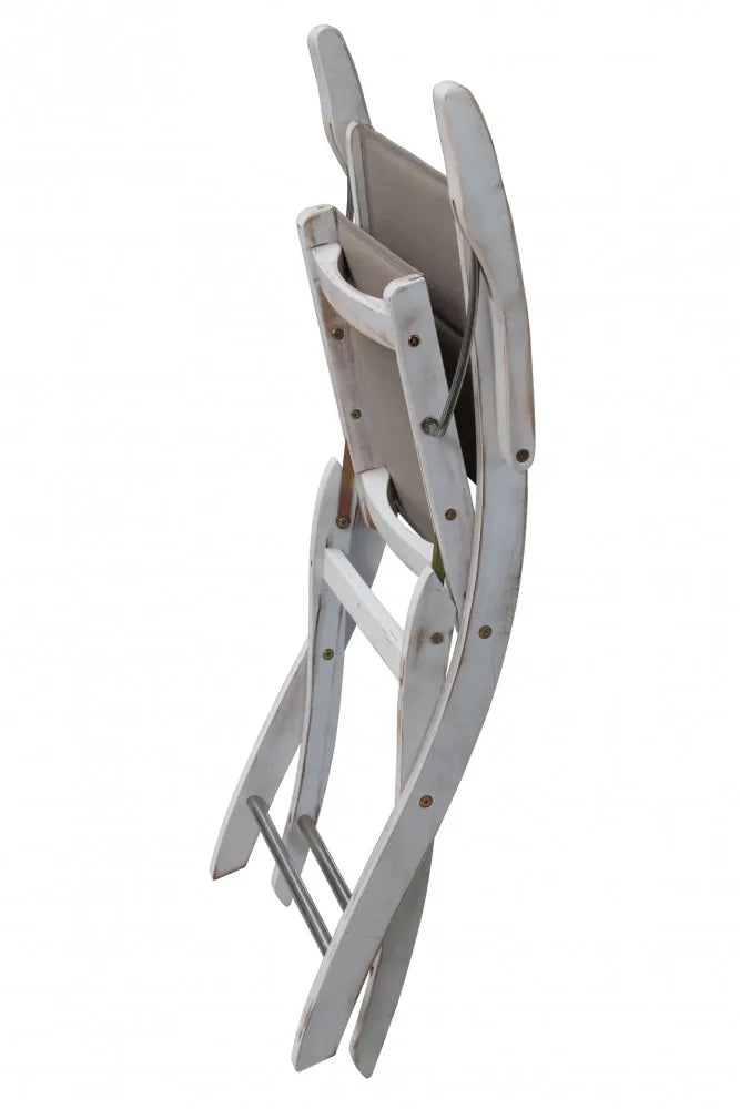 Sedia Alexa senza braccioli in legno di Acacia Bianca e Textilene Grigio, con rinforzi in Acciaio Inox 304 per esterni, vista richiusa