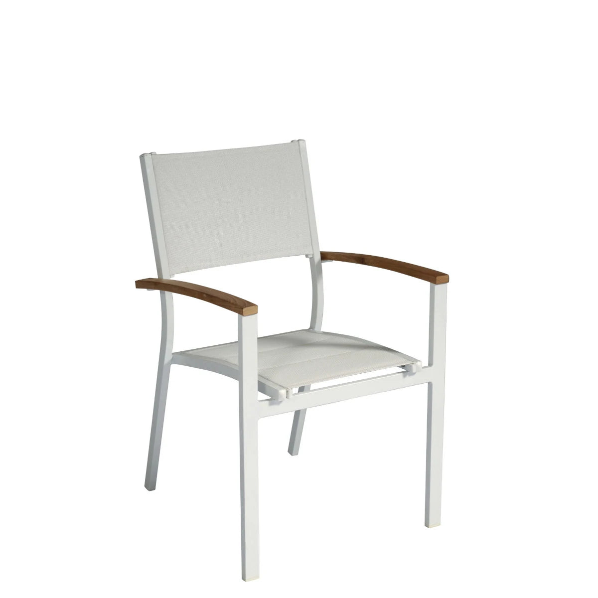 Sedia in Alluminio Bianca con braccioli in Teak e seduta in Textilene imbottito avorio, impilabile per esterni.