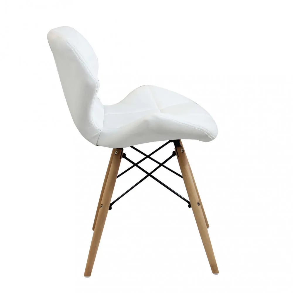 Sedia Annapolis bianca, imbottita in ecopelle con gambe in legno, stile moderno, vista laterale