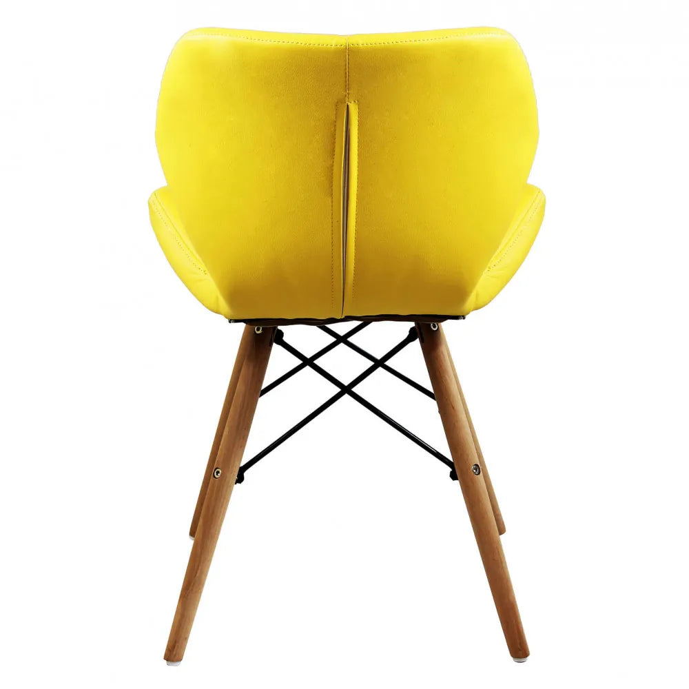 Sedia Annapolis gialla, imbottita in ecopelle con gambe in legno, stile moderno, panoramica posteriore