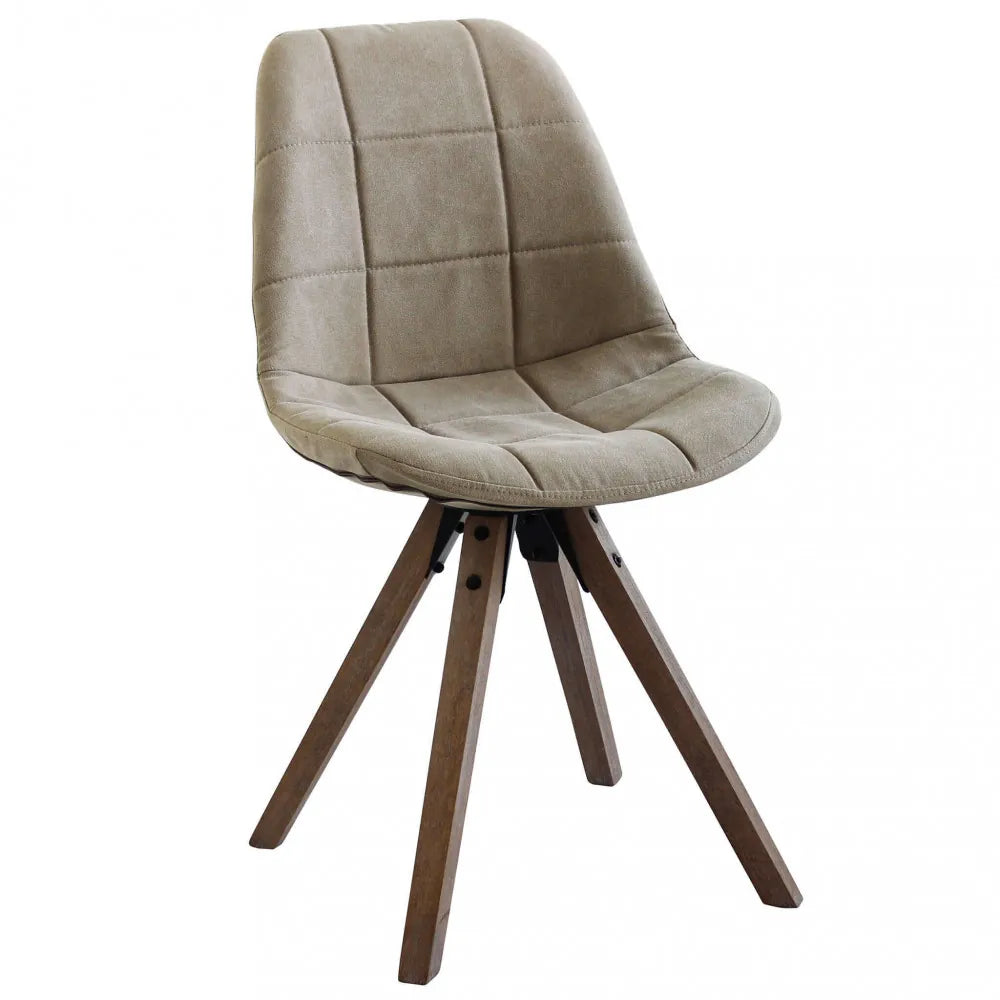 Sedia Aron moderna con struttura in legno di quercia e seduta imbottita in PVC nocciola.