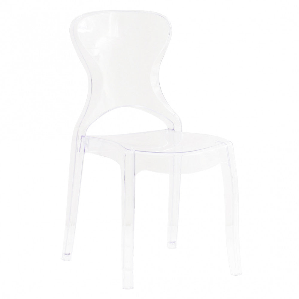 Sedia Bercy in policarbonato trasparente con design moderno, adatta per sale da pranzo o ambienti esterni vista laterale