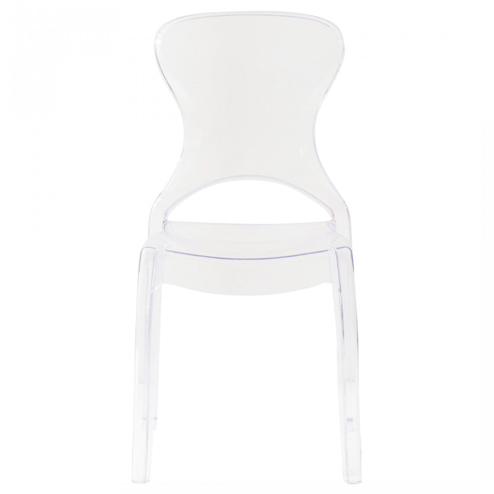 Sedia Bercy in policarbonato trasparente con design moderno, adatta per sale da pranzo o ambienti esterni.