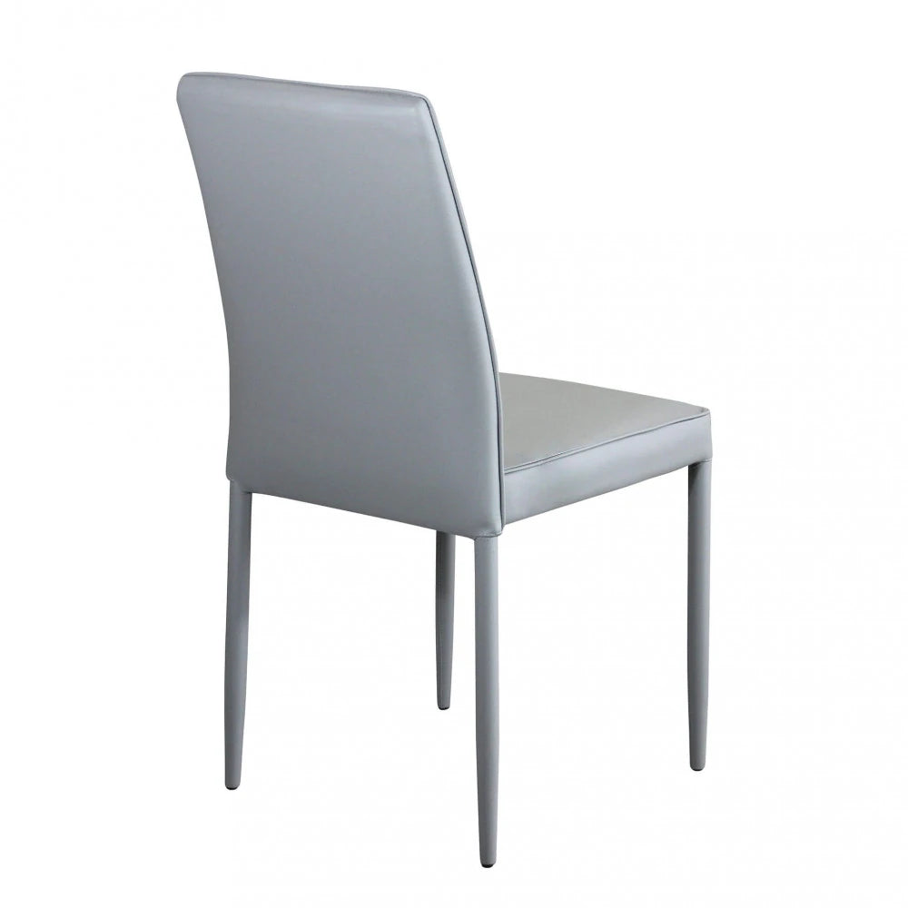 Sedia Blossom in ecopelle grigio chiaro con struttura in acciaio, design moderno per sala da pranzo, panoramica posteriore