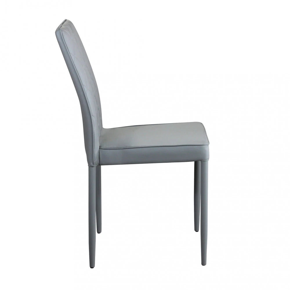 Sedia Blossom in ecopelle grigio chiaro con struttura in acciaio, design moderno per sala da pranzo, vista laterale