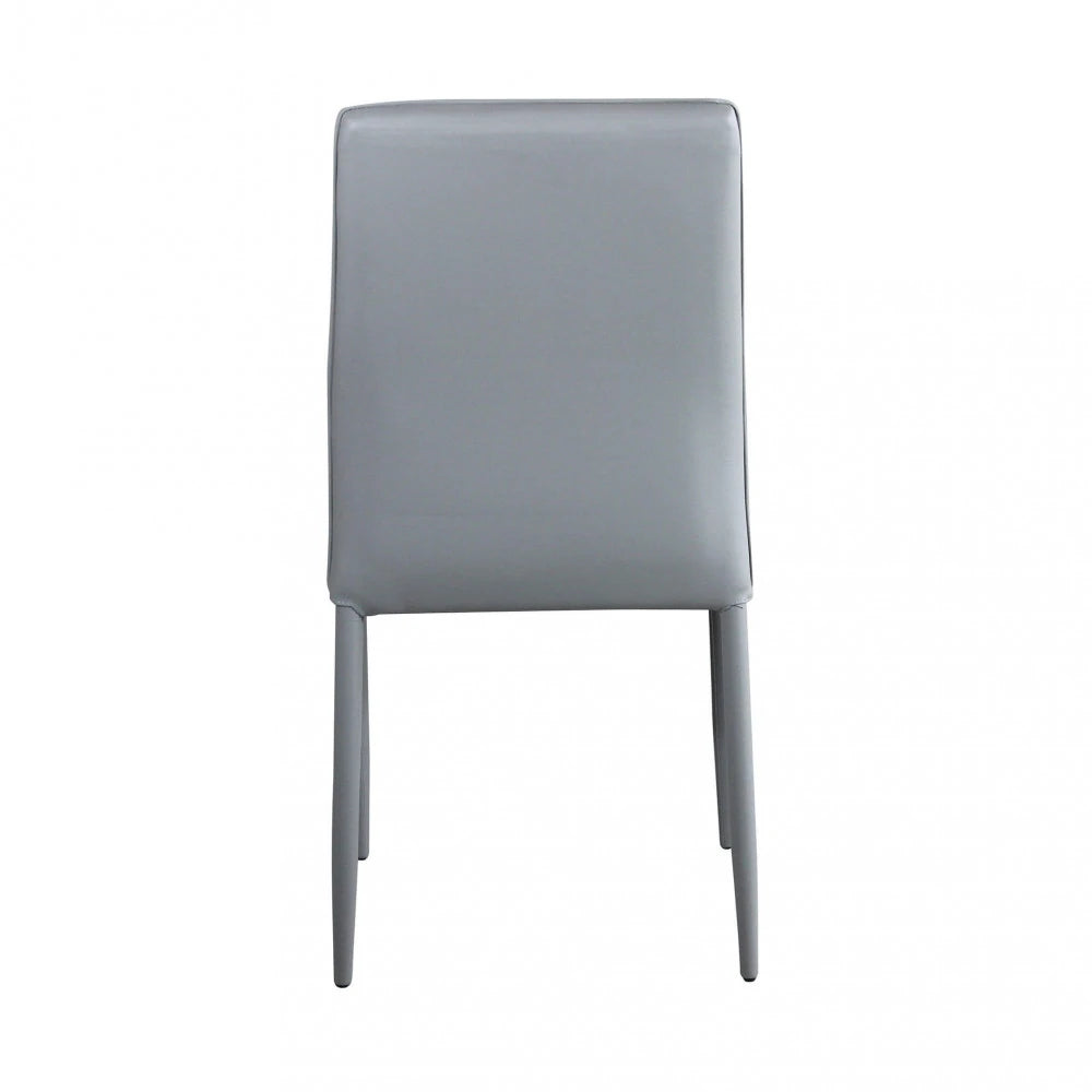 Sedia Blossom in ecopelle grigio chiaro con struttura in acciaio, design moderno per sala da pranzo, vista posteriore