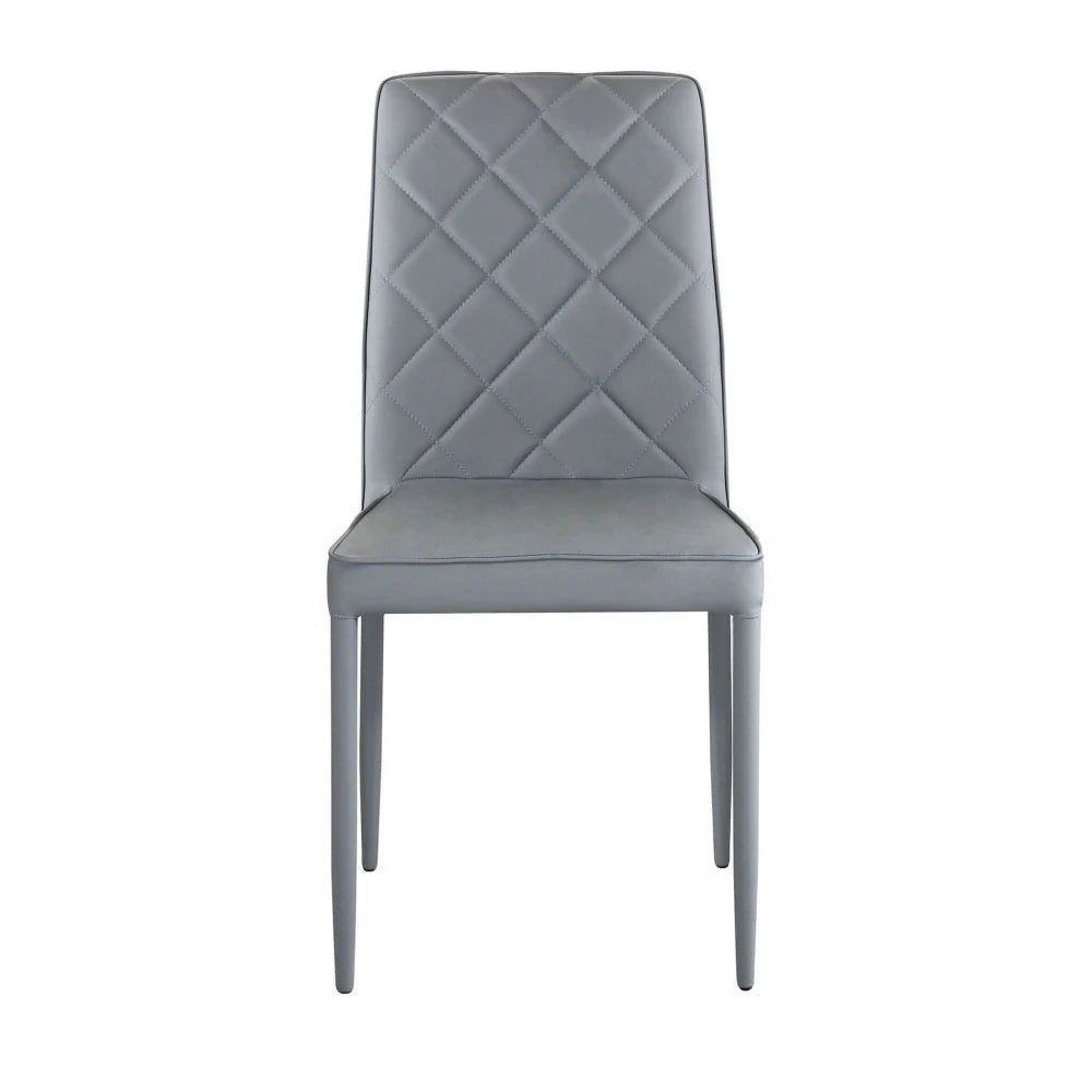 Sedia Blossom in ecopelle grigio chiaro con struttura in acciaio, design moderno per sala da pranzo , vista frontale