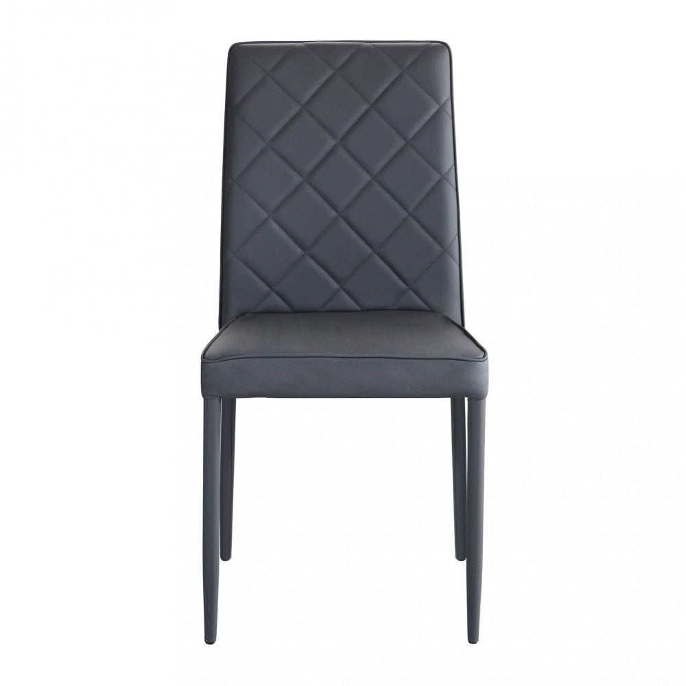 Vista frontale della Sedia Blossom in ecopelle grigio scuro, che evidenzia il design senza braccioli e le gambe in acciaio.