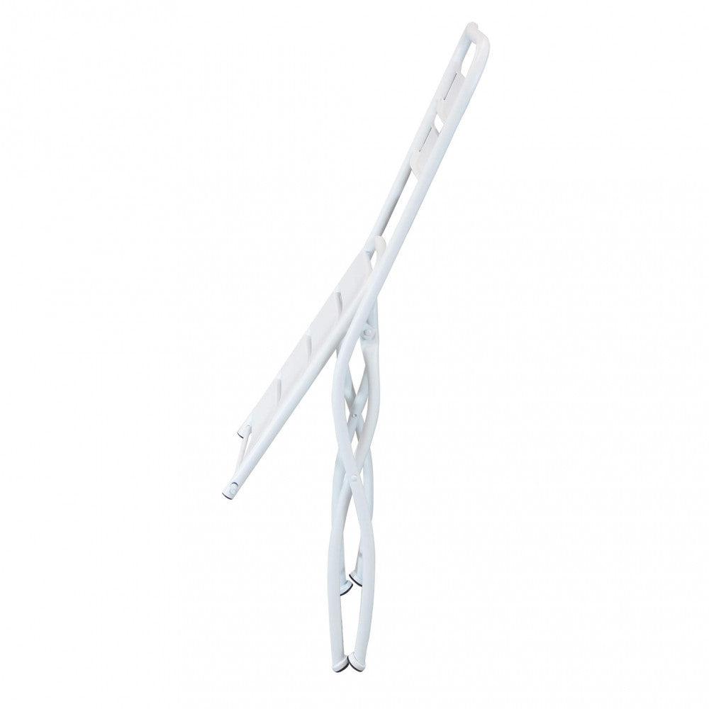 Sedia Bristol in acciaio bianco completamente piegata, mostrando il suo design salvaspazio.