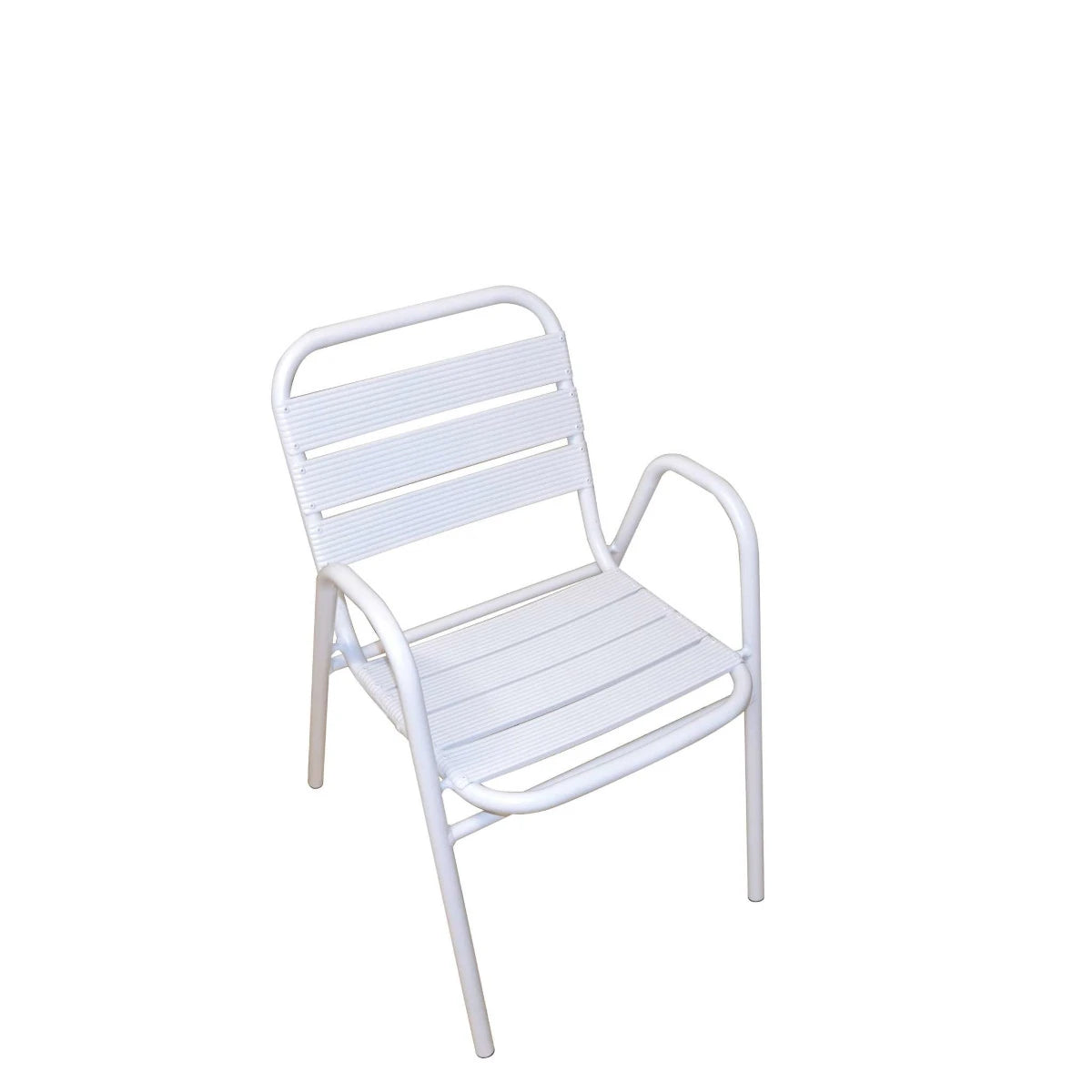 Sedia Calipso Contract Bianca in alluminio rinforzato con braccioli, impilabile, ideale per bar e ristoranti.