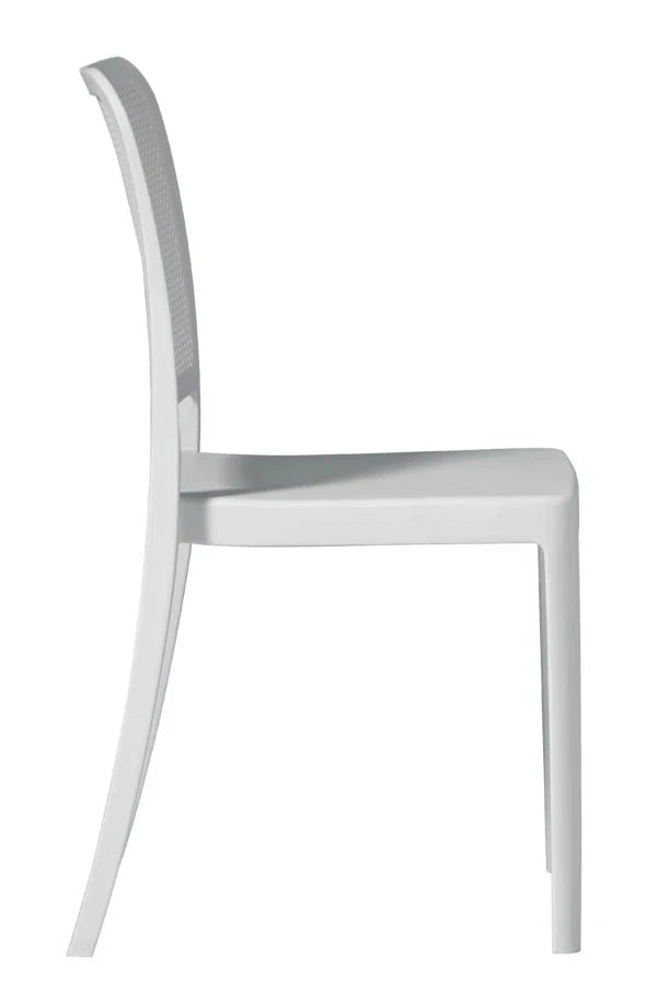 Sedia Catania Bianca impilabile senza braccioli, in Polipropilene con Fibra di Vetro, resistente ai raggi UV per esterni, vista laterale