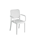 Sedia Catania Bianca impilabile con braccioli, in Polipropilene con Fibra di Vetro e schienale traforato, resistente ai raggi UV per esterni.