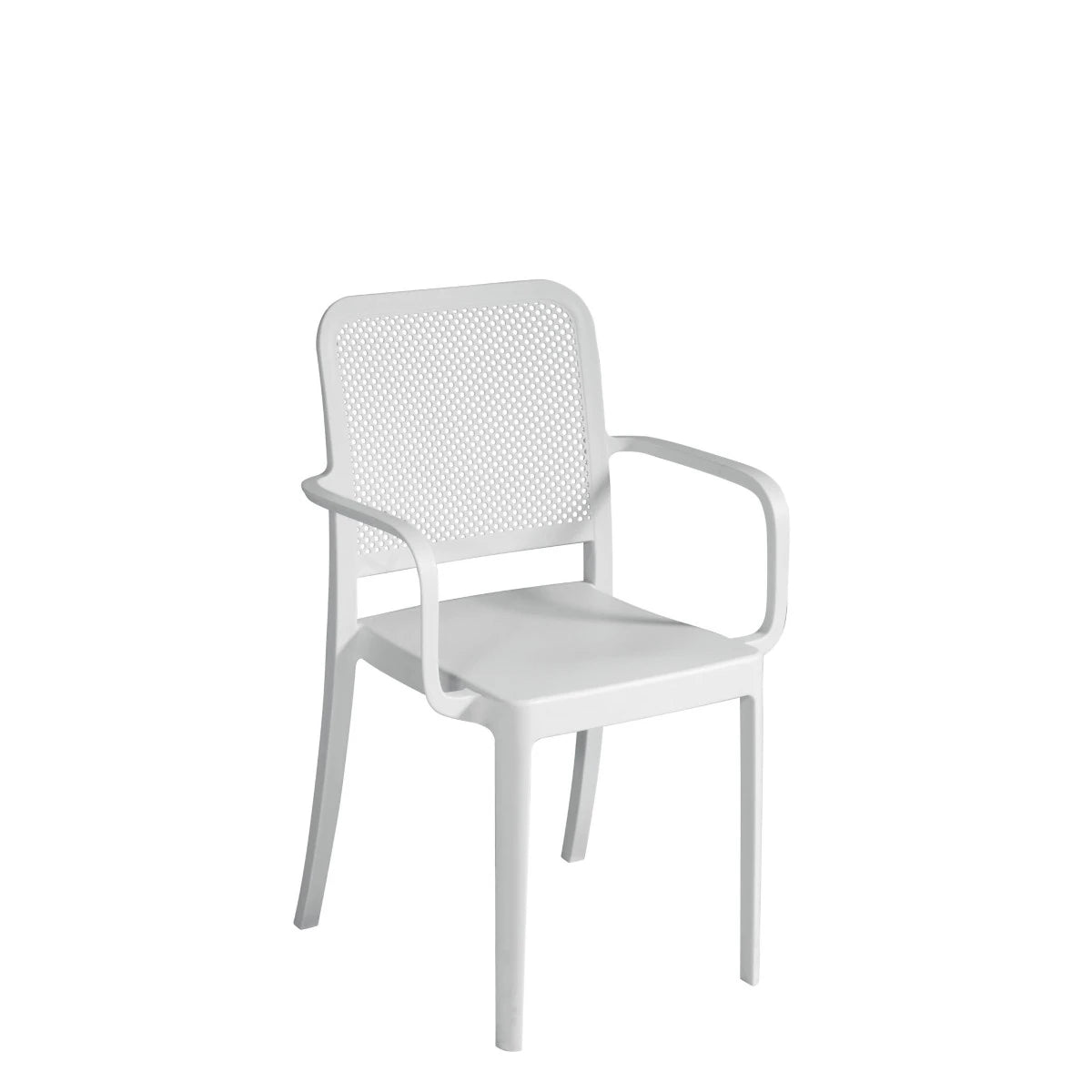 Sedia Catania Bianca impilabile con braccioli, in Polipropilene con Fibra di Vetro e schienale traforato, resistente ai raggi UV per esterni.