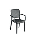 Sedia Catania Nera impilabile con braccioli, in Polipropilene con Fibra di Vetro e schienale traforato, resistente ai raggi UV per esterni.