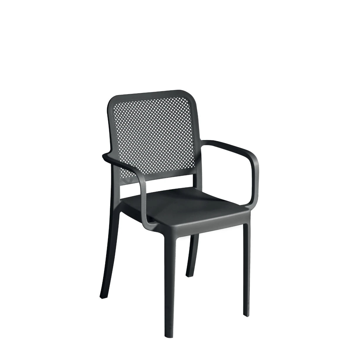 Sedia Catania Nera impilabile con braccioli, in Polipropilene con Fibra di Vetro e schienale traforato, resistente ai raggi UV per esterni.