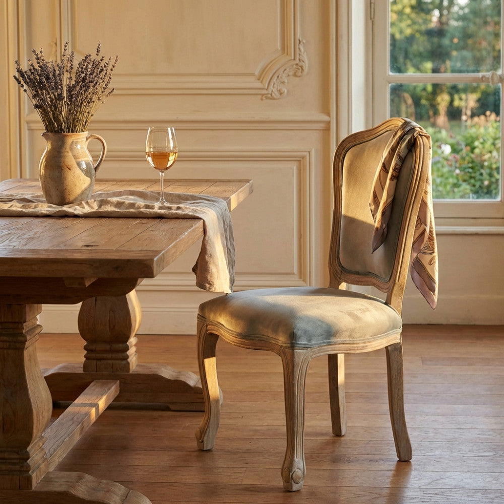 Sedia Charlene in velluto grigio accanto a un tavolo in legno rustico con calice di vino e lavanda.