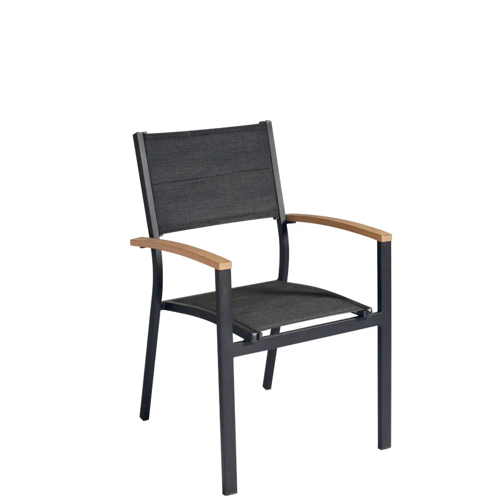 Sedia CHT81G impilabile in Alluminio Antracite con braccioli in Teak e Textilene imbottito Nero, design moderno.