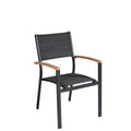 Sedia CHT81G impilabile in Alluminio Antracite con braccioli in Teak e Textilene imbottito Nero, design moderno.
