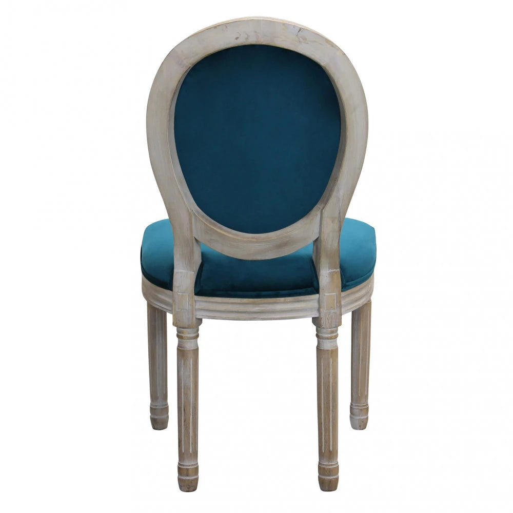 Sedia poltroncina Constance in velluto blu con schienale alto e gambe in legno, ideale per un tavolo da pranzo di design vista retro