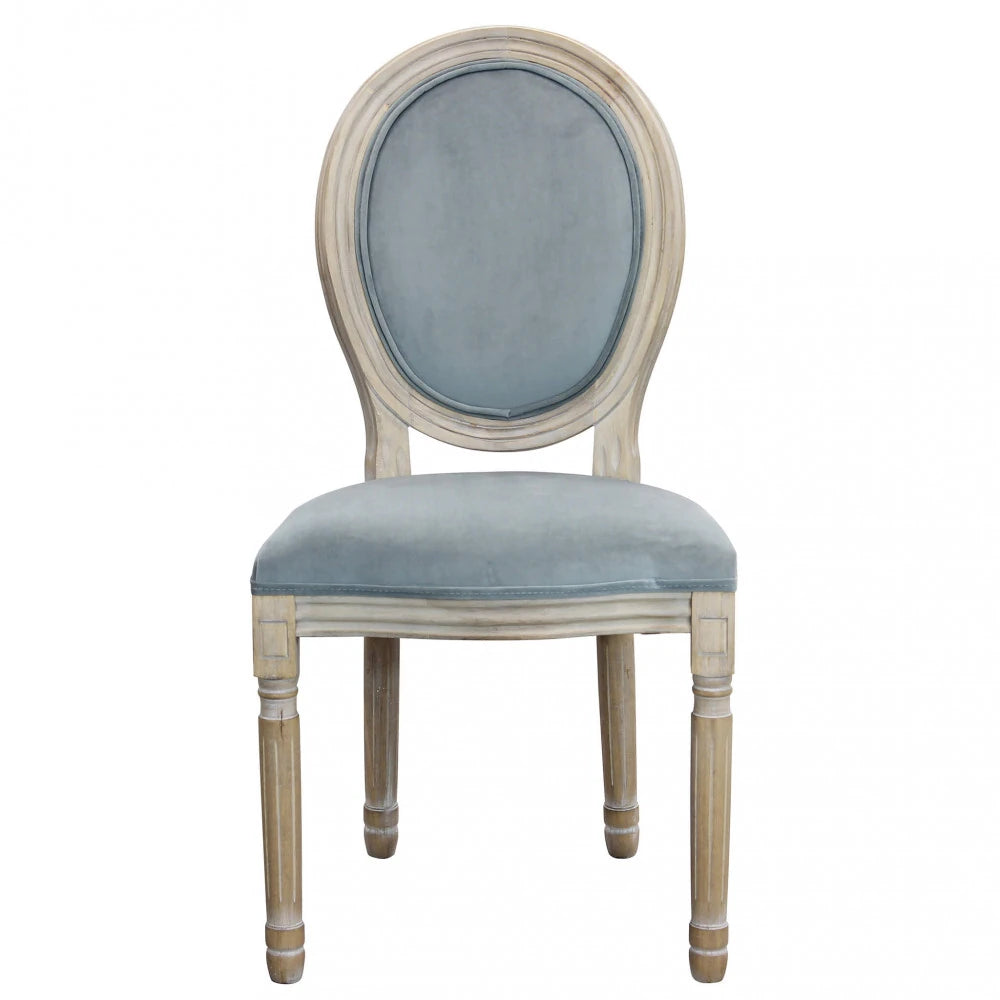 Sedia poltroncina Constance in velluto grigio con schienale alto e gambe in legno, ideale per tavolo da pranzo o studio vista frontale