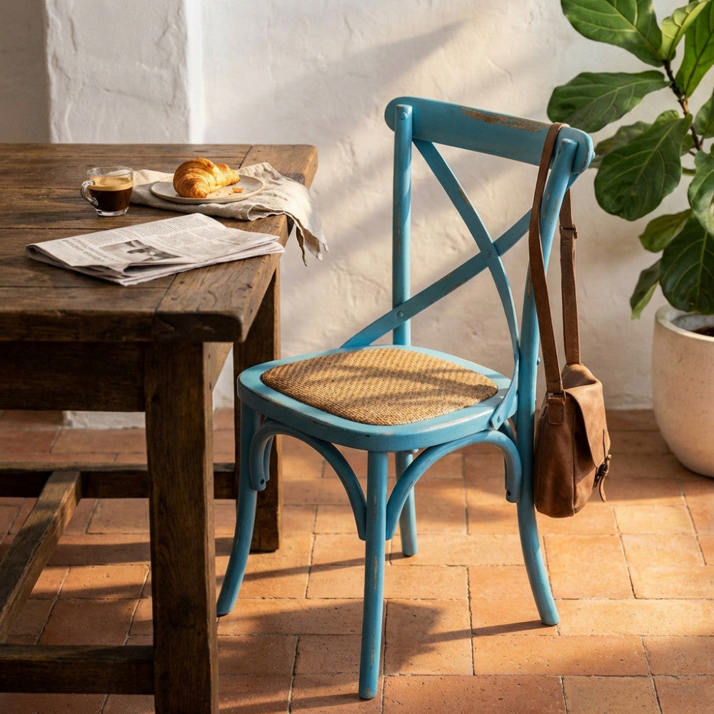 Sedia in legno azzurro anticato posizionata accanto a un tavolo da pranzo rustico in una stanza luminosa.