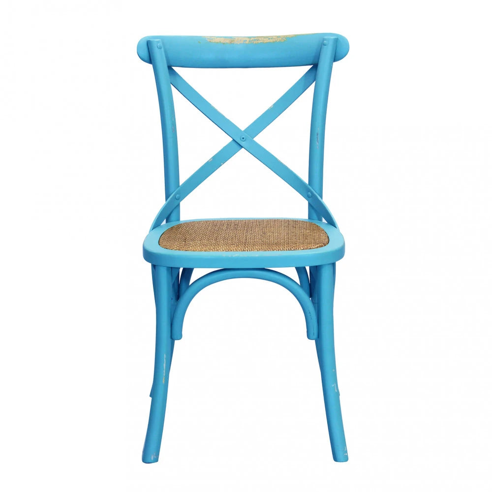 Sedia Cross Azzurra Vintage in legno con schienale a croce e seduta in Paglia di Vienna, ideale per osterie e sale da pranzo Panoramica frontale