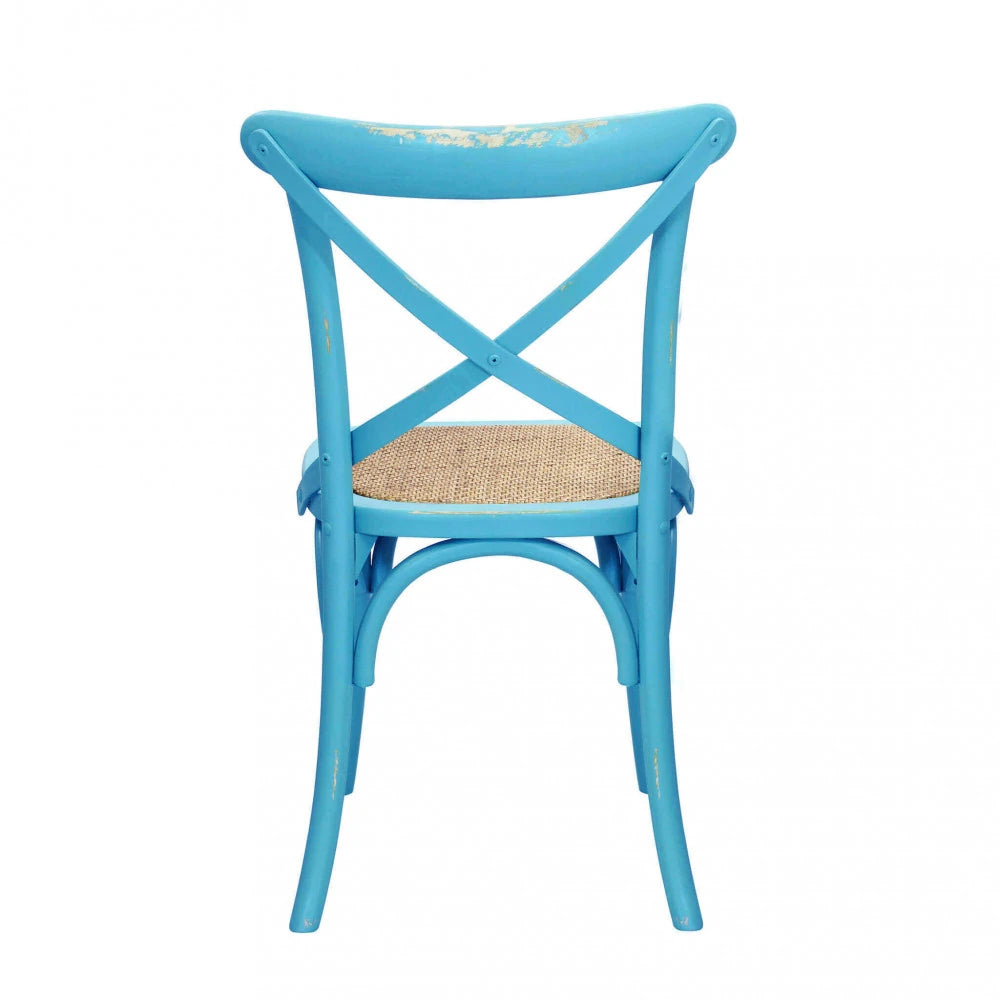 Sedia Cross Azzurra Vintage: Fascino Rustico con Seduta in Paglia di Vienna, vista retro